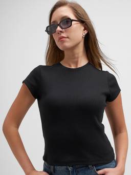 TOKYO TALKIES - Black Cotton Blend Round Neck Solid/Plain Slim Fit Top