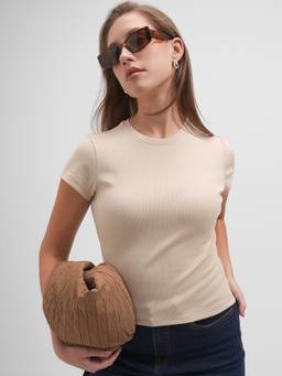 TOKYO TALKIES - Beige Cotton Blend Round Neck Solid/Plain Slim Fit Top