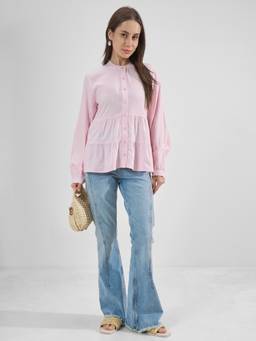 TOKYO TALKIES - Pink Viscose Rayon Mandarin Neck Solid/Plain Regular Fit Top