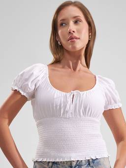 TOKYO TALKIES - White Viscose Rayon Scoop Neck Solid/Plain Slim Fit Top