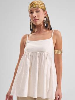 TOKYO TALKIES - White Cotton Blend Shoulder Straps Solid/Plain Regular Fit Top