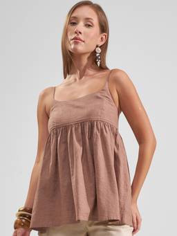 TOKYO TALKIES - Brown Cotton Blend Shoulder Straps Solid/Plain Regular Fit Top