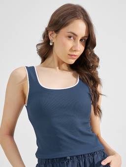 TOKYO TALKIES - Teal Polyester Blend Scoop Neck Solid/Plain Slim Fit Tank Top