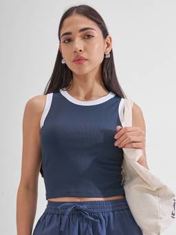 TOKYO TALKIES - Teal Polyester Blend Round Neck Solid/Plain Slim Fit Tank Top