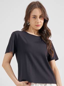 TOKYO TALKIES - Black Nylon/Spandex Round Neck Solid/Plain Regular Fit T-shirt