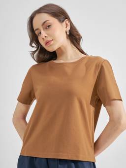 TOKYO TALKIES - Brown Nylon/Spandex Round Neck Solid/Plain Regular Fit T-shirt