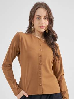 TOKYO TALKIES - Brown Nylon/Spandex Round Neck Solid/Plain Slim Fit Top
