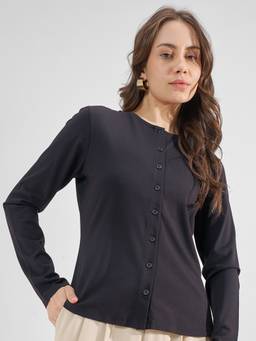 TOKYO TALKIES - Black Nylon/Spandex Round Neck Solid/Plain Slim Fit Top