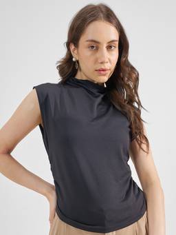 TOKYO TALKIES - Black Polyester Blend High Neck Solid/Plain Slim Fit Top