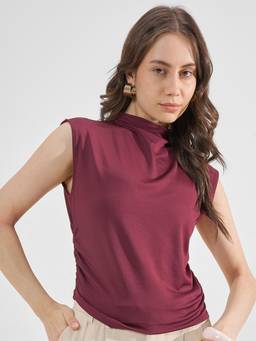 TOKYO TALKIES - Maroon Polyester Blend High Neck Solid/Plain Slim Fit Top