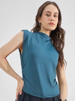 TOKYO TALKIES - Teal Polyester Blend High Neck Solid/Plain Slim Fit Top