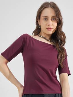 TOKYO TALKIES - Maroon Nylon/Spandex Boat Neck Solid/Plain Slim Fit Top