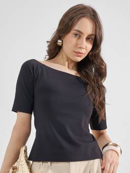 TOKYO TALKIES - Black Nylon/Spandex Boat Neck Solid/Plain Slim Fit Top