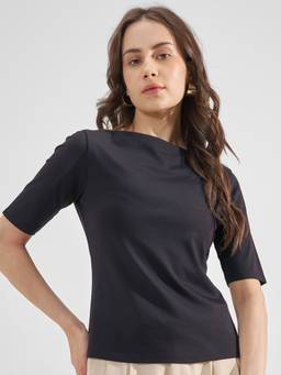 TOKYO TALKIES - Black Nylon/Spandex Boat Neck Solid/Plain Slim Fit Top