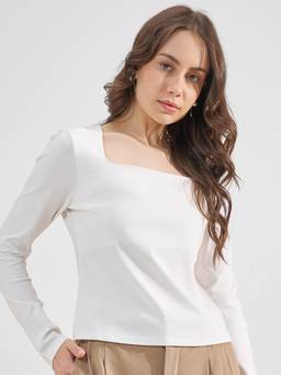 TOKYO TALKIES - White Nylon/Spandex Square Neck Solid/Plain Slim Fit Top