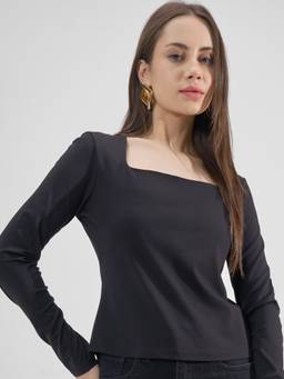 TOKYO TALKIES - Black Nylon/Spandex Square Neck Solid/Plain Slim Fit Top