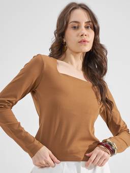 TOKYO TALKIES - Brown Nylon/Spandex Square Neck Solid/Plain Slim Fit Top