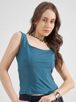 TOKYO TALKIES - Teal Polyester Blend Square Neck Solid/Plain Slim Fit Top