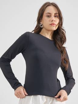 TOKYO TALKIES - Black Polyester Blend Round Neck Solid/Plain Slim Fit Top