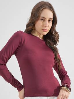 TOKYO TALKIES - Maroon Polyester Blend Round Neck Solid/Plain Slim Fit Top