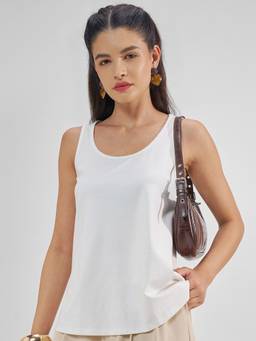 TOKYO TALKIES - White Nylon/Spandex Scoop Neck Solid/Plain Regular Fit Top