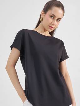 TOKYO TALKIES - Black Nylon/Spandex Round Neck Solid/Plain Regular Fit Top
