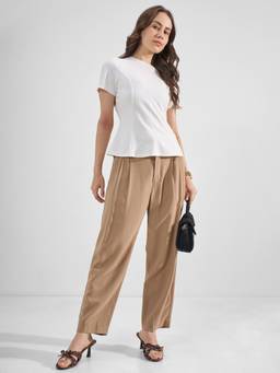 TOKYO TALKIES - White Nylon/Spandex Round Neck Solid/Plain Slim Fit Top
