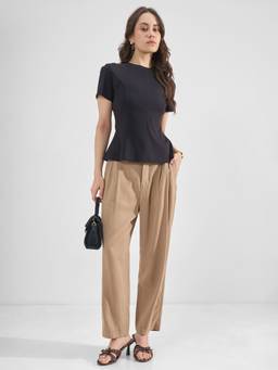 TOKYO TALKIES - Black Nylon/Spandex Round Neck Solid/Plain Slim Fit Top