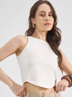 TOKYO TALKIES - White Polyester Blend Round Neck Solid/Plain Slim Fit Crop Top