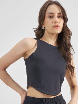 TOKYO TALKIES - Black Polyester Blend Round Neck Solid/Plain Slim Fit Crop Top