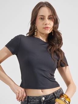 TOKYO TALKIES - Black Polyester Blend Round Neck Solid/Plain Slim Fit Crop Top