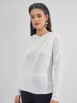 TOKYO TALKIES - White Polyester Blend Cowl Neck Solid/Plain Slim Fit Top