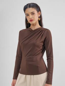 TOKYO TALKIES - Brown Polyester Blend Cowl Neck Solid/Plain Slim Fit Top