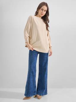 TOKYO TALKIES - Beige Nylon/Spandex Boat Neck Solid/Plain Regular Fit Top
