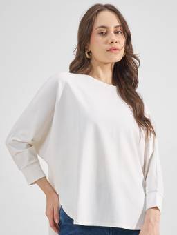 TOKYO TALKIES - White Nylon/Spandex Boat Neck Solid/Plain Regular Fit Top