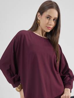 TOKYO TALKIES - Maroon Nylon/Spandex Round Neck Solid/Plain Loose Fit Top