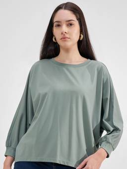 TOKYO TALKIES - Green Nylon/Spandex Round Neck Solid/Plain Loose Fit Top