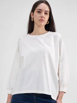 TOKYO TALKIES - White Nylon/Spandex Round Neck Solid/Plain Loose Fit Top