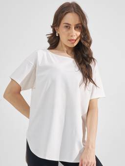 TOKYO TALKIES - White Nylon/Spandex Round Neck Solid/Plain Regular Fit Top