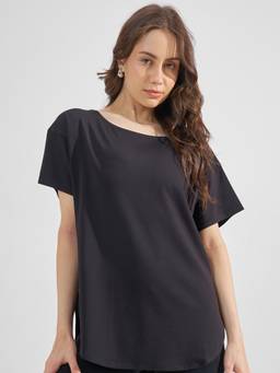 TOKYO TALKIES - Black Nylon/Spandex Round Neck Solid/Plain Regular Fit Top