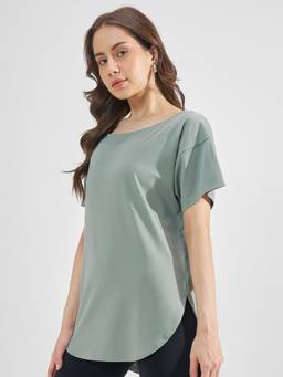 TOKYO TALKIES - Green Nylon/Spandex Round Neck Solid/Plain Regular Fit Top