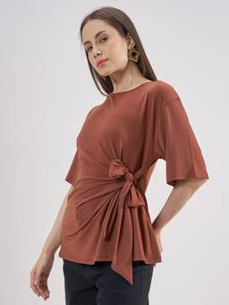 TOKYO TALKIES - Rust Polyester Blend Round Neck Solid/Plain Regular Fit Top