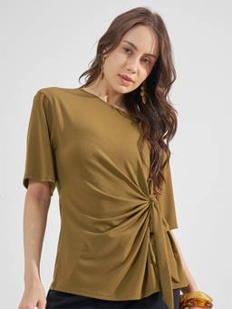 TOKYO TALKIES - Olive Polyester Blend Round Neck Solid/Plain Regular Fit Top