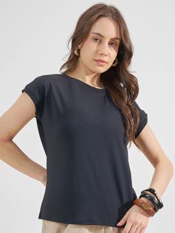 TOKYO TALKIES - Black Polyester Blend Round Neck Solid/Plain Regular Fit Top