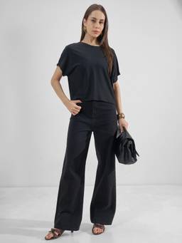 TOKYO TALKIES - Black Polyester Blend Round Neck Solid/Plain Regular Fit Top