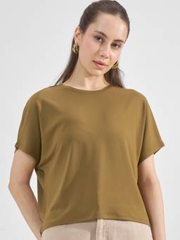 TOKYO TALKIES - Green Polyester Blend Round Neck Solid/Plain Regular Fit Top