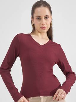 TOKYO TALKIES - Maroon Polyester Blend V-Neck Solid/Plain Slim Fit Top