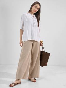 TOKYO TALKIES - White Viscose Rayon Tie Up Neck Solid/Plain Regular Fit Top