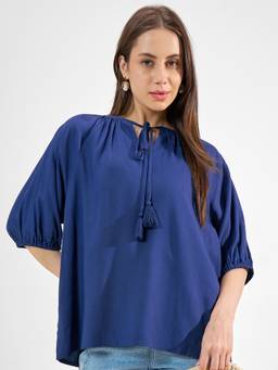 TOKYO TALKIES - Blue Viscose Rayon Tie Up Neck Solid/Plain Regular Fit Top