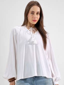TOKYO TALKIES - White Viscose Rayon Tie Up Neck Solid/Plain Regular Fit Top